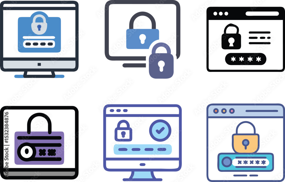 Six icon Illustrations of computer screens depicting secure login and ...