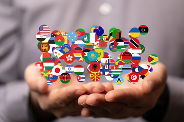 Aufkleber - Image of hands holding a network of flags representing global connection and international collaboration.