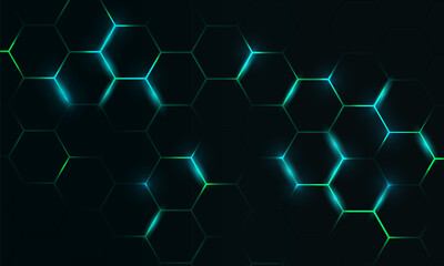 Aufkleber - Dark hexagon abstract technology background with blue and green colored bright flashes under hexagon. Hexagonal gaming vector tech illustration black abstract background.