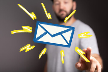 Poster - Email notification concept. Man interacts with a digital email icon. Fast and efficient communication.