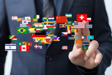 Poster - International business, global network, worldwide connections, collaboration, teamwork, flags, diversity, globalization, partnership, success.