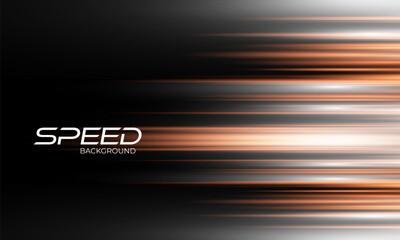 Poster - Orange and white high-speed background. Movement light trails effect on black abstract background. Wide technology banner with glowing lights motion effect. Vector illustration
