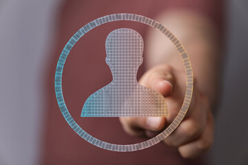 Leinwandbilder - Person clicks digital profile icon.  Concepts: online identity, account, user profile, digital selection.