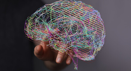 Fototapete - Stock photo of a hand interacting with a colorful, abstract brain visualization representing neural networks, AI, and technology.