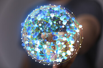 Fototapete - Abstract image of a digital network sphere, representing global connectivity and data flow.