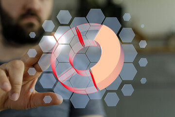 Aufkleber - Close-up of a man's hand interacting with a transparent 3D pie chart interface.