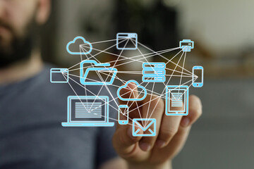 Poster - Person using touchscreen to connect devices, cloud storage, and data.  Digital network concept.