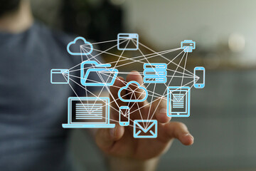 Poster - Image depicts interconnected devices, showcasing cloud computing, data sharing and network technology.