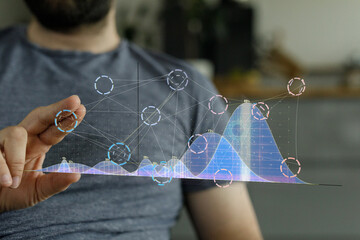 Aufkleber - A man interacts with a holographic display showing complex data visualizations, graphs, and charts.