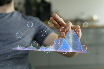 Poster - Person interacts with a holographic graph, visualizing data analysis and business growth. Stock photo.