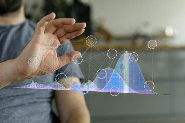Aufkleber - A man interacts with a futuristic holographic display showing data graphs and charts.