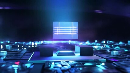 Poster - A glowing, futuristic cube filled with particles and light, floating in a cosmic, digital environment.