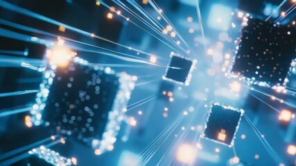 Poster - Digital cubes connected by glowing lines, representing futuristic technology and data transfer in a virtual space.