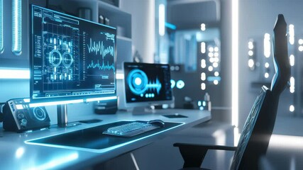 Poster - A futuristic workspace with advanced computer screens displaying digital graphs in a sleek, blue-lit environment.