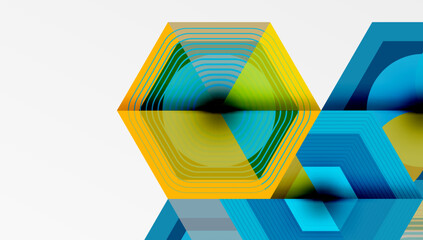 Poster - Abstract geometric design. Hexagons overlap, creating vibrant color gradients. Modern, clean aesthetic with layered shapes.