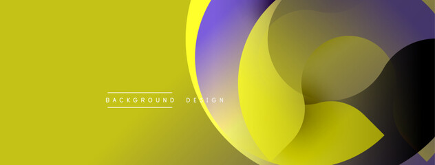 Poster - Abstract yellow background features overlapping purple, white, black curved shapes. Modern design elements create dynamic visual effect.