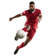© Usman - A soccer player in a red uniform kicking a white soccer ball with a transparent background in a studio shot