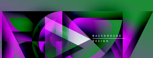 Aufkleber - Abstract geometric shapes blend vibrant purple, green hues. Modern design features overlapping layers, gradients, text elements.