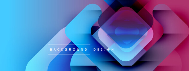 Aufkleber - Abstract geometric shapes blend vibrant blues, pinks, purples. Modern design features overlapping squares, gradients, text elements.
