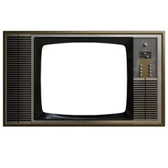 A vintage, rectangular television with a dark screen,horizontal grill vents on the sides, and a control panel with buttons on the right.  The image is digitally rendered with a slightly grainy texture