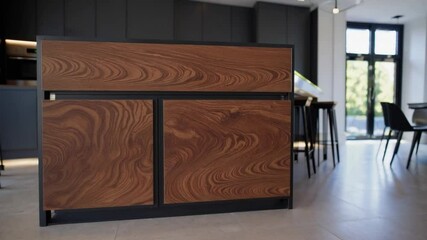 Poster - Modern kitchen with wood cabinet and grain pattern, black accent, natural light, and minimalist interior design for inviting
