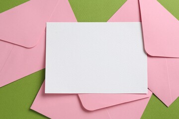 Wall Mural - Blank invitation card and envelopes on green background, flat lay. Space for design