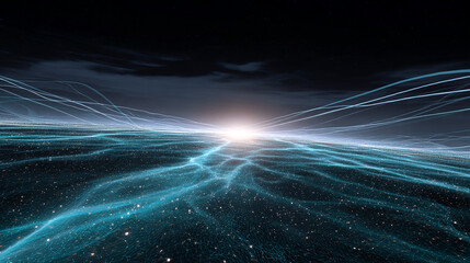 Wall Mural - abstract digital landscape, glowing teal network, light streaks across dark sky, suggesting connecti