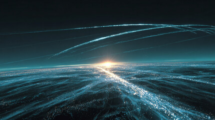 Wall Mural - teal and blue abstract landscape, glowing lines across a dark horizon, sunrise effect, representing 