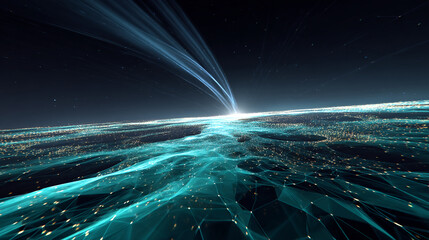Wall Mural - abstract teal network, glowing nodes and lines, light streaks resemble comet, symbolizing connection