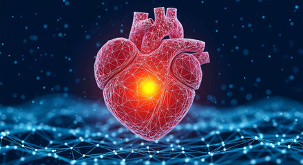 Wall Mural - red polygonal heart on a blue network background, representing health, technology, or connection. va