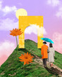 © master1305 - Couple walks under yellow surreal arch among flowers and hills, embracing and dreaming of shared world beyond horizon. Conceptual artwork. Concept of reading habits, booklover, story journey