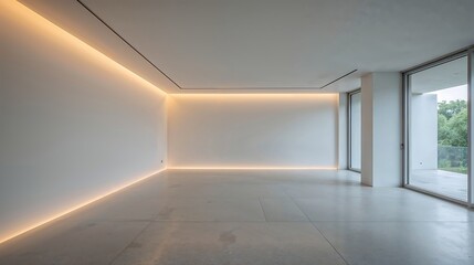 Canvas Print - minimalist interior room white walls concrete floor recessed lighting large windows image