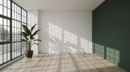 Canvas Print - minimalist room interior sunlight green wall plant potted wood floor large window shadows