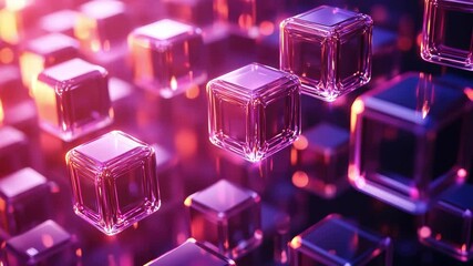 Abstract background with clear 3D cubes, data and technology concept, modern design, purple glowing, futuristic structure.