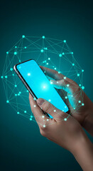 Wall Mural - hands holding smartphone with bright blue screen surrounded by glowing network graphic, showcasing d