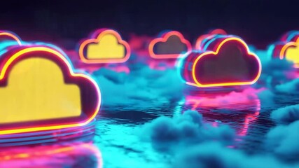 Fototapete - Neon cloud icons glow over a reflective surface, surrounded by mist and vibrant blue and pink lighting in a futuristic, digital setting.