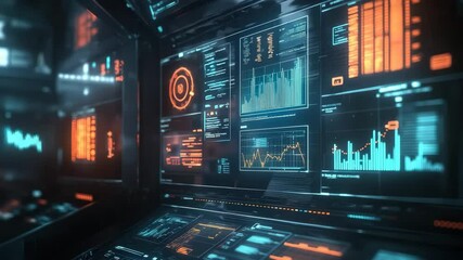 Poster - A futuristic control room with multiple digital screens displaying data analytics, graphs, and system interfaces in a high-tech setting.