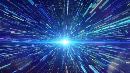 Wall Mural - Futuristic animated space tunnel moving at warp speed, filled with glowing blue and purple lights as stars streak through the cosmic void. abstract blue background with rays