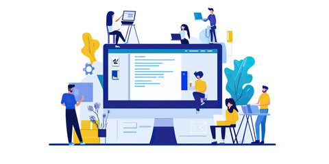 Team collaborating on web development project with large monitor screen showing code and website elements in flat minimalist vector style