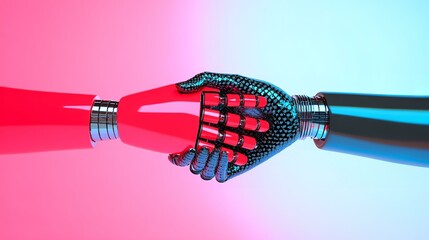 Two robots handshake, background with vivd colours and copy space