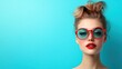 © svastix - A fashionable woman sporting oversized sunglasses against a vibrant blue background, exuding confidence, glamour, and contemporary style in a modern aesthetic.
