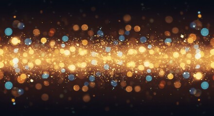 Golden and blue bokeh lights shimmer across a dark background, creating a festive, sparkling effect