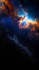 Wall Mural - Colorful nebula and cosmic dust cloud in deep space with bright stars glowing in shades of orange, blue, and purple tones