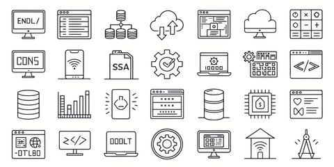 Wall Mural - Monochrome Line Icon Set of Web Development and Internet Technologies

