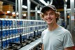 © kineter_ai - Brightly Smiling Young Caucasian Man in His 20s Working at a Brewery Canning Line