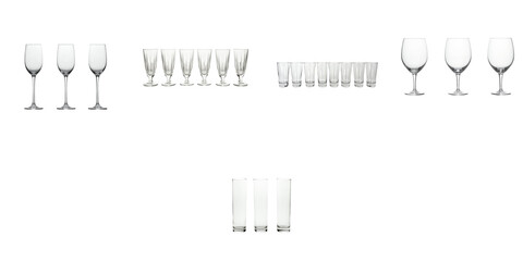 various glassware types arranged in rows including champagne flutes shot glasses and wine glasses is