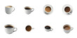© The 2R Artificiality - Assorted white coffee cups filled with varying amounts of coffee displayed on a transparent background including top views and side angles showcasing different shapes and sizes.