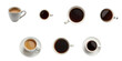 © The 2R Artificiality - variety of coffee cups in different sizes and colors arranged on a transparent background showcasing various coffee types from light to dark brews