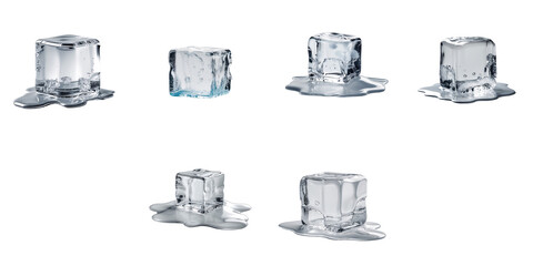 Melting ice cubes on a transparent background showing various stages of melting with water puddles surrounding each cube isolated and clear for product use