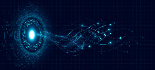 Glowing circular data hub with flowing neural data lines for high technology background. Virtual HUD interface with futuristic data transfer. Vector illustration.
